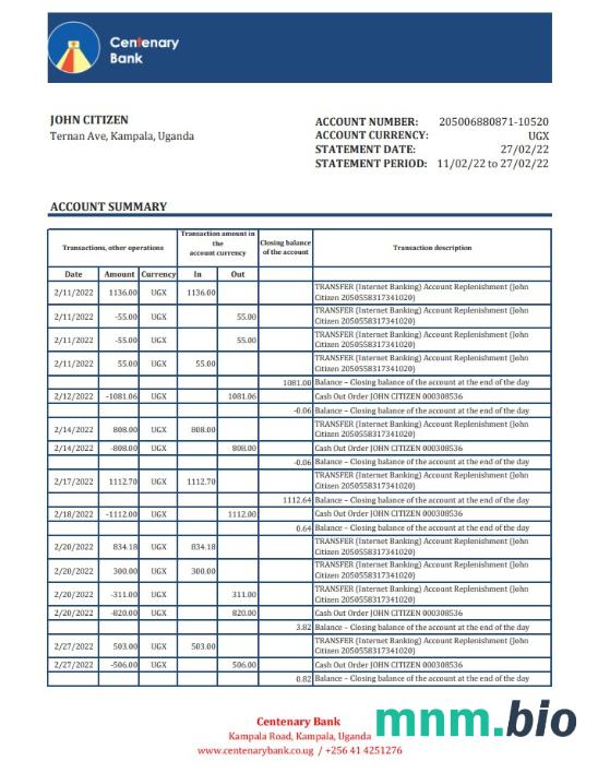 Wyciąg bankowy z okazji stulecia Ugandy, szablon Excel i PDF